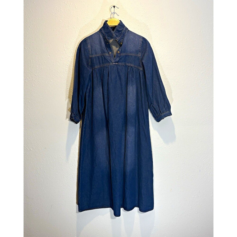 Women's Blue Denim Shirt Dress Collared Button Front Midi 3/4 Sleeve